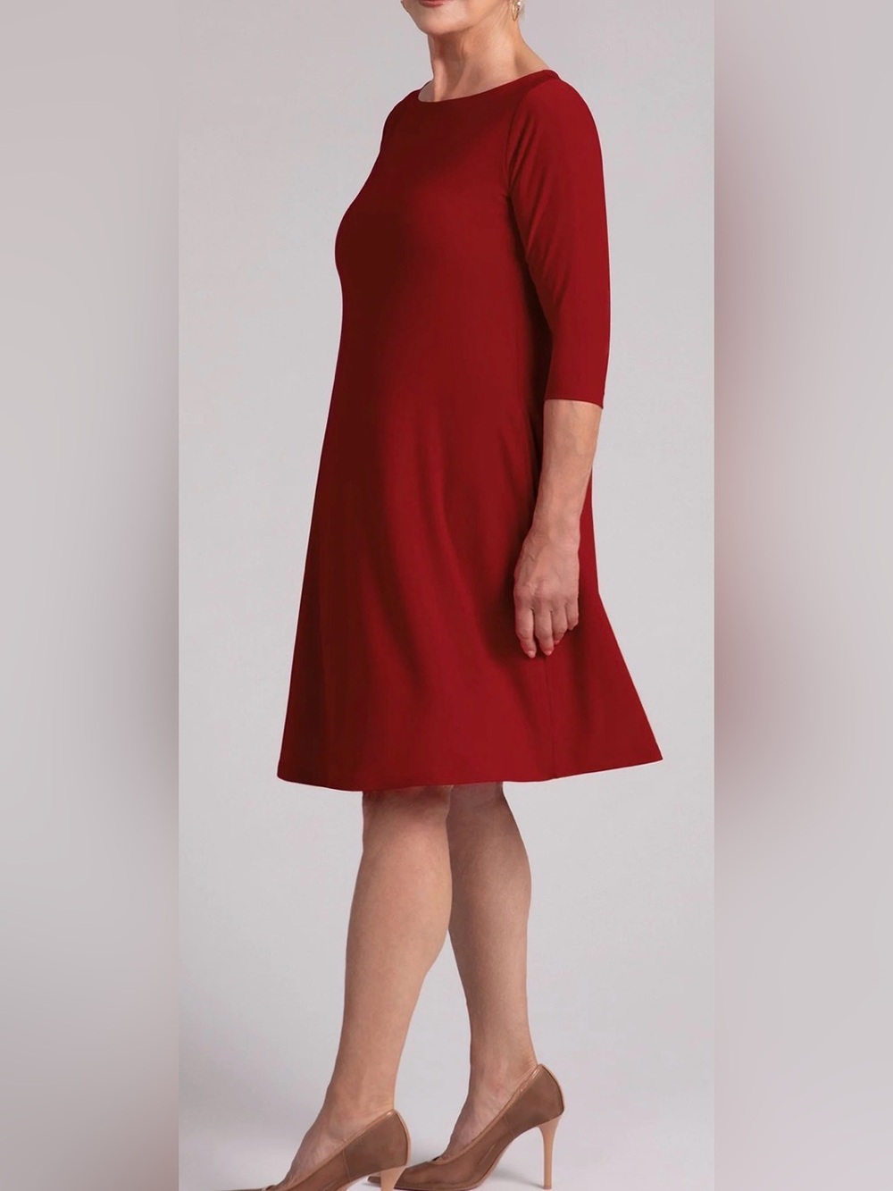 Sympli Nu Trapeze Red Stretch Fit & Flare Midi Dress 3/4 Sleeve Pockets Size 14